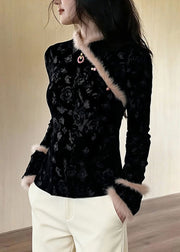 Chinese Style Black Jacquard Patchwork Faux Fur Blouses Winter