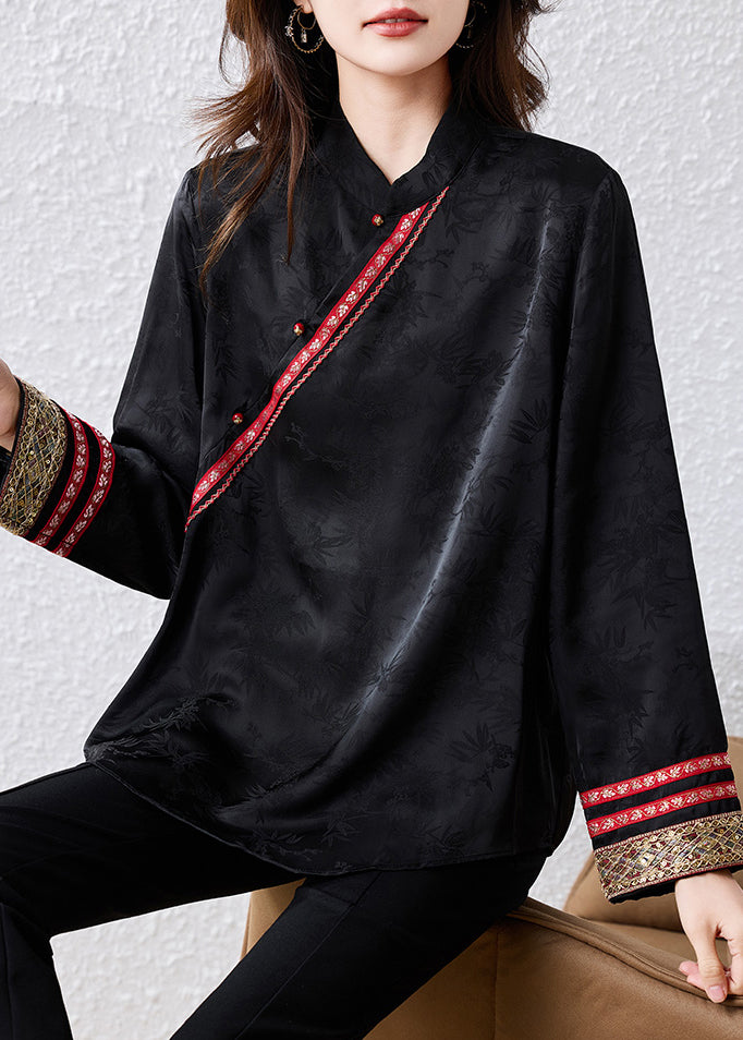 Chinese Style Black Jacquard Patchwork Silk Blouses Fall