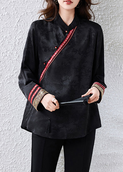 Chinese Style Black Jacquard Patchwork Silk Blouses Fall