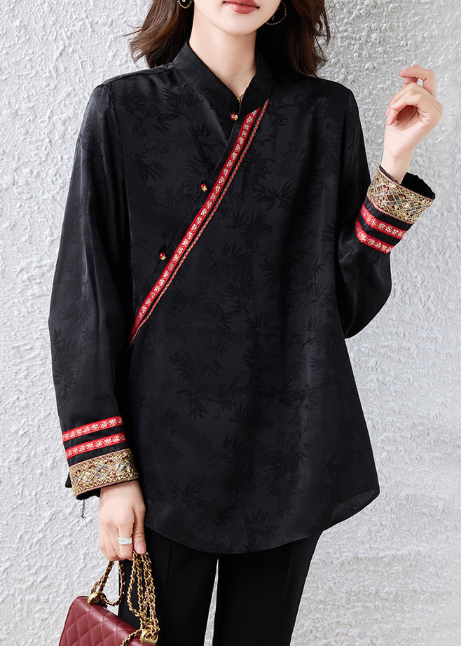 Chinese Style Black Jacquard Patchwork Silk Blouses Fall