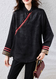 Chinese Style Black Jacquard Patchwork Silk Blouses Fall