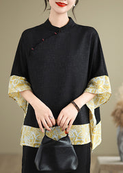Chinese Style Black Mandarin Collar Patchwork Silk Tops Batwing Sleeve