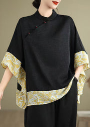 Chinese Style Black Mandarin Collar Patchwork Silk Tops Batwing Sleeve