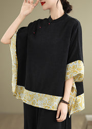 Chinese Style Black Mandarin Collar Patchwork Silk Tops Batwing Sleeve