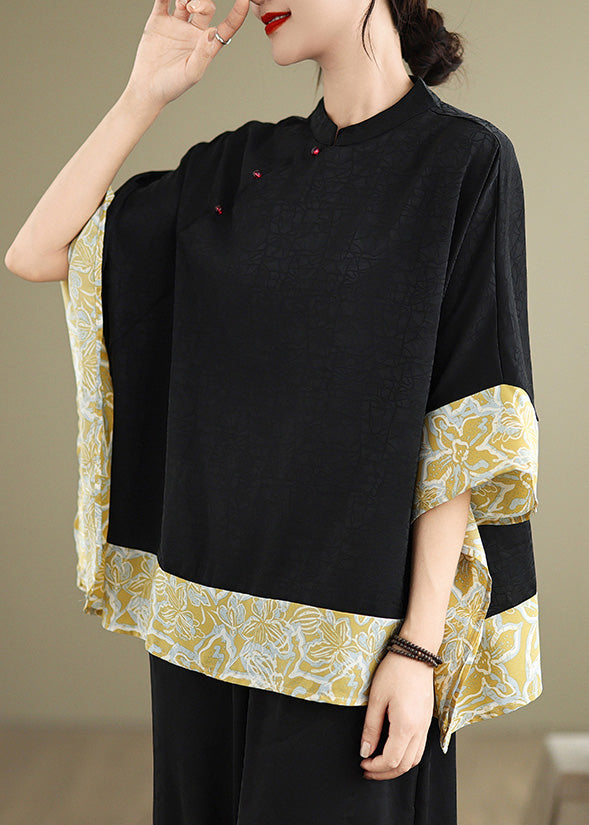 Chinese Style Black Mandarin Collar Patchwork Silk Tops Batwing Sleeve