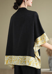 Chinese Style Black Mandarin Collar Patchwork Silk Tops Batwing Sleeve