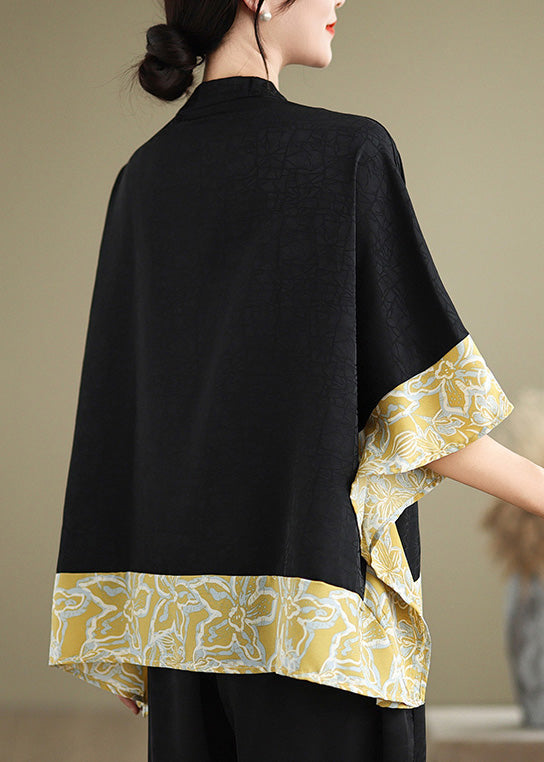 Chinese Style Black Mandarin Collar Patchwork Silk Tops Batwing Sleeve