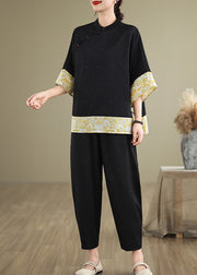 Chinese Style Black Mandarin Collar Patchwork Silk Tops Batwing Sleeve