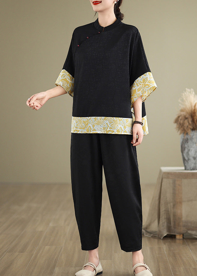 Chinese Style Black Mandarin Collar Patchwork Silk Tops Batwing Sleeve