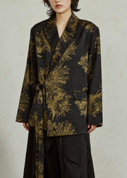 Chinese Style Black Notched Print Tie Waist Coats Fall