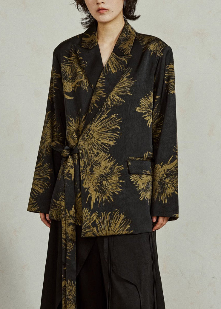 Chinese Style Black Notched Print Tie Waist Coats Fall