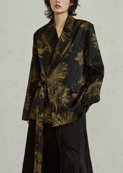 Chinese Style Black Notched Print Tie Waist Coats Fall