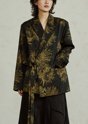 Chinese Style Black Notched Print Tie Waist Coats Fall