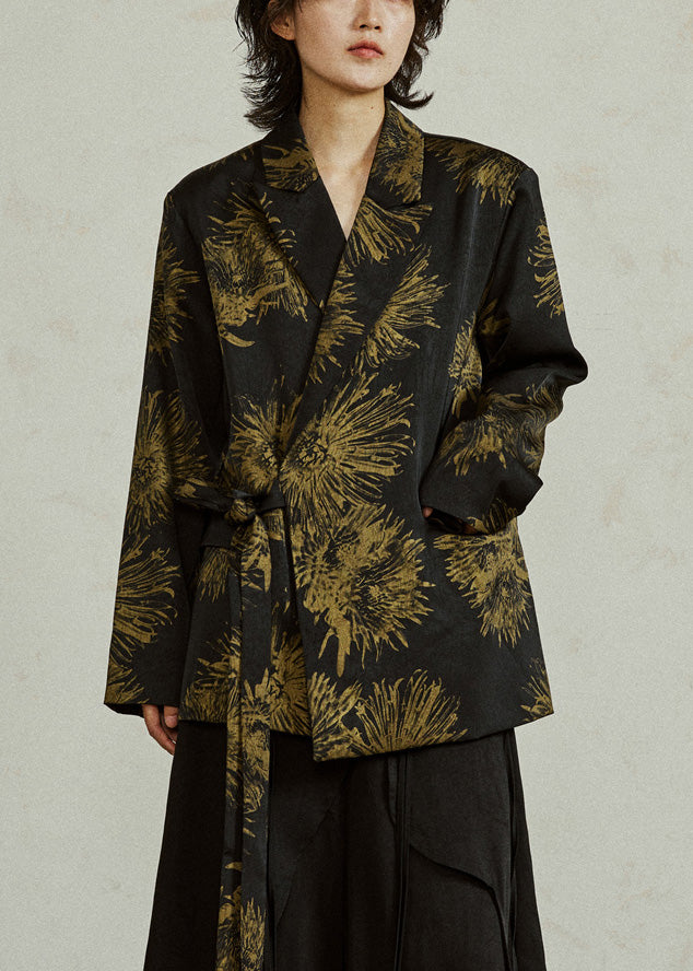 Chinese Style Black Notched Print Tie Waist Coats Fall