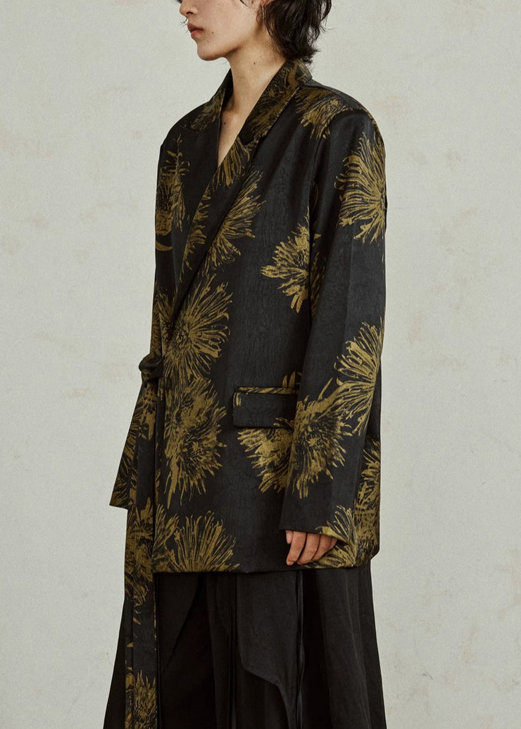 Chinese Style Black Notched Print Tie Waist Coats Fall
