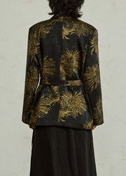 Chinese Style Black Notched Print Tie Waist Coats Fall