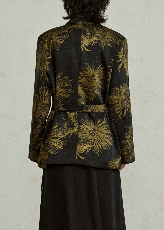 Chinese Style Black Notched Print Tie Waist Coats Fall