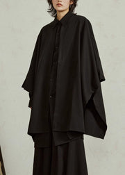 Chinese Style Black Peter Pan Collar Low High Design Shirt Batwing Sleeve