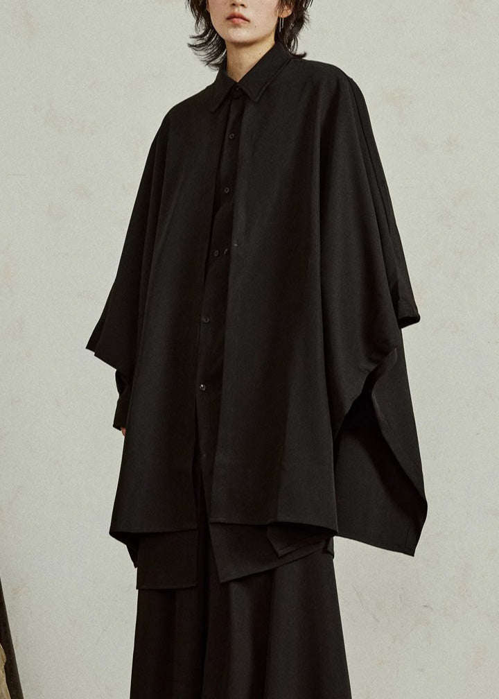 Chinese Style Black Peter Pan Collar Low High Design Shirt Batwing Sleeve