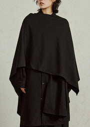 Chinese Style Black Peter Pan Collar Low High Design Shirt Batwing Sleeve