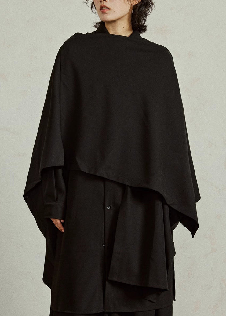 Chinese Style Black Peter Pan Collar Low High Design Shirt Batwing Sleeve