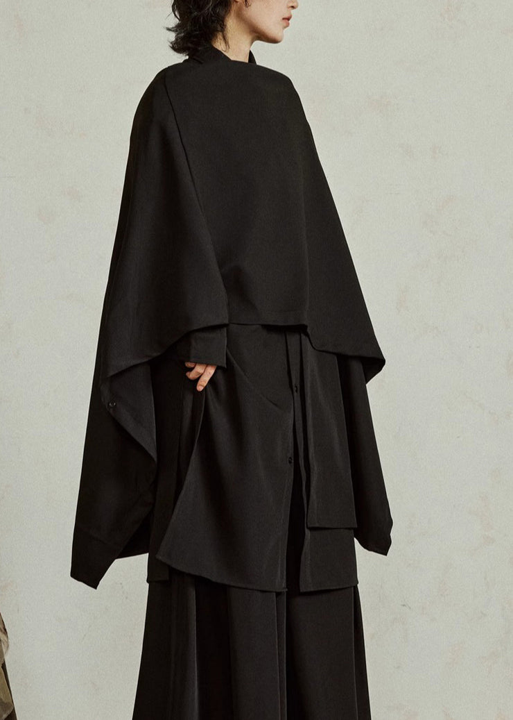 Chinese Style Black Peter Pan Collar Low High Design Shirt Batwing Sleeve