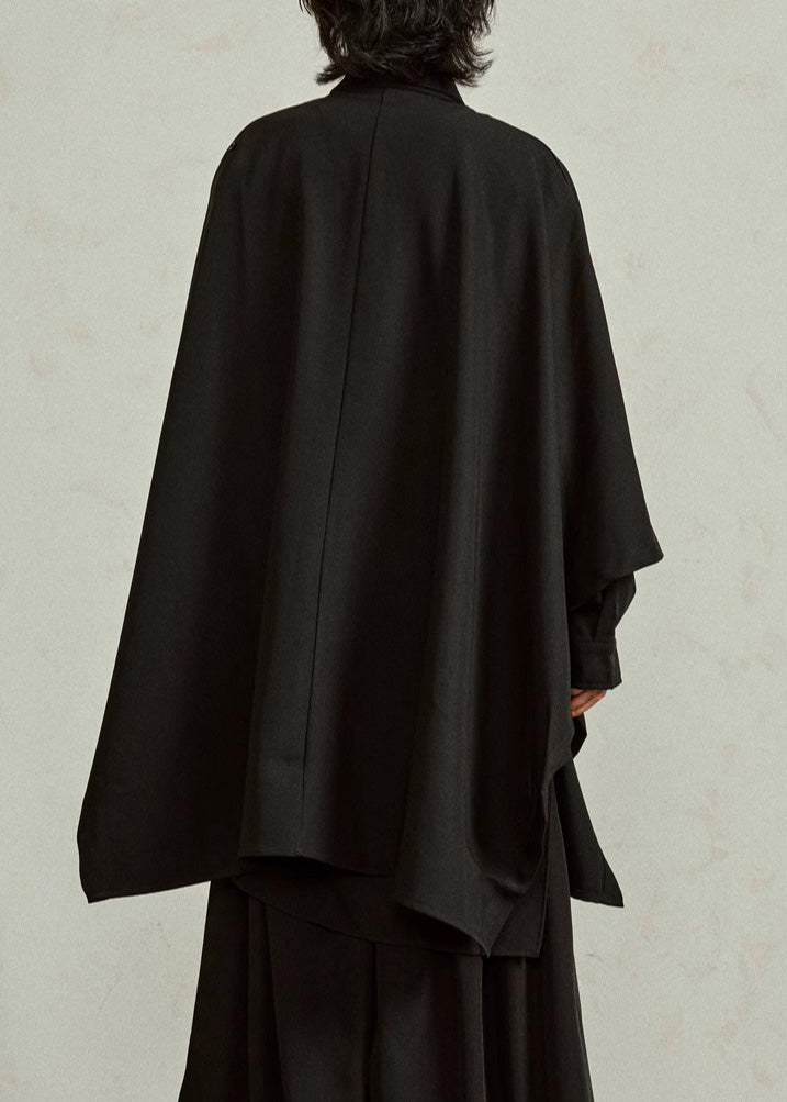 Chinese Style Black Peter Pan Collar Low High Design Shirt Batwing Sleeve
