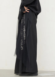 Chinese Style Black Pockets Graphic Tulle Patchwork Wide Leg Pants