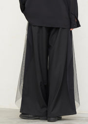 Chinese Style Black Pockets Graphic Tulle Patchwork Wide Leg Pants