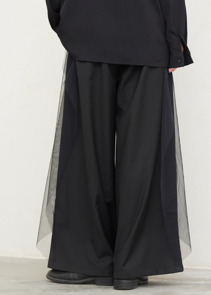 Chinese Style Black Pockets Graphic Tulle Patchwork Wide Leg Pants