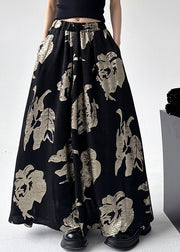 Chinese Style Black Print Elastic Waist A Line Skirts
