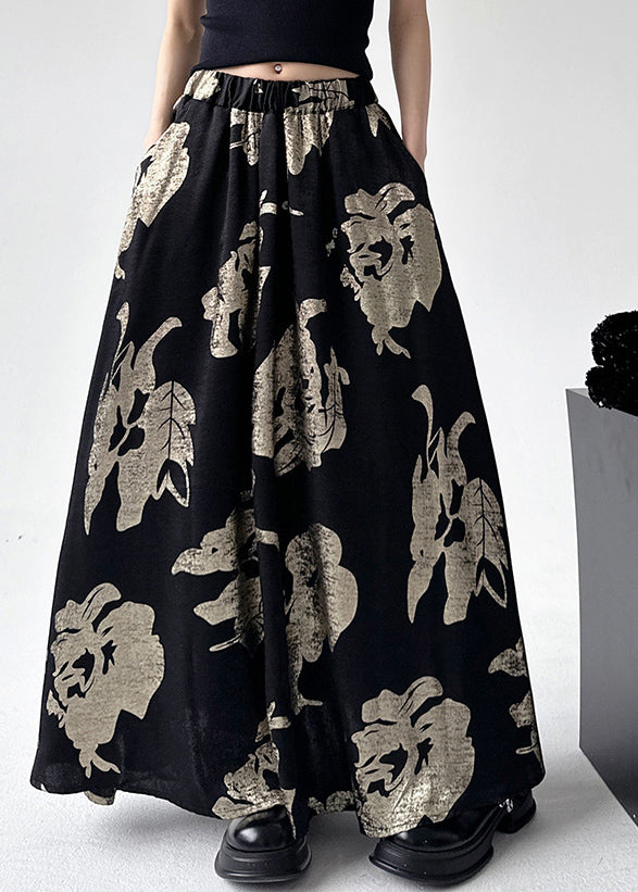 Chinese Style Black Print Elastic Waist A Line Skirts