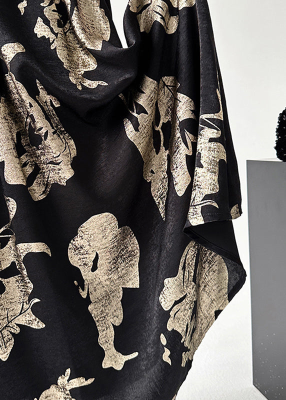 Chinese Style Black Print Elastic Waist A Line Skirts