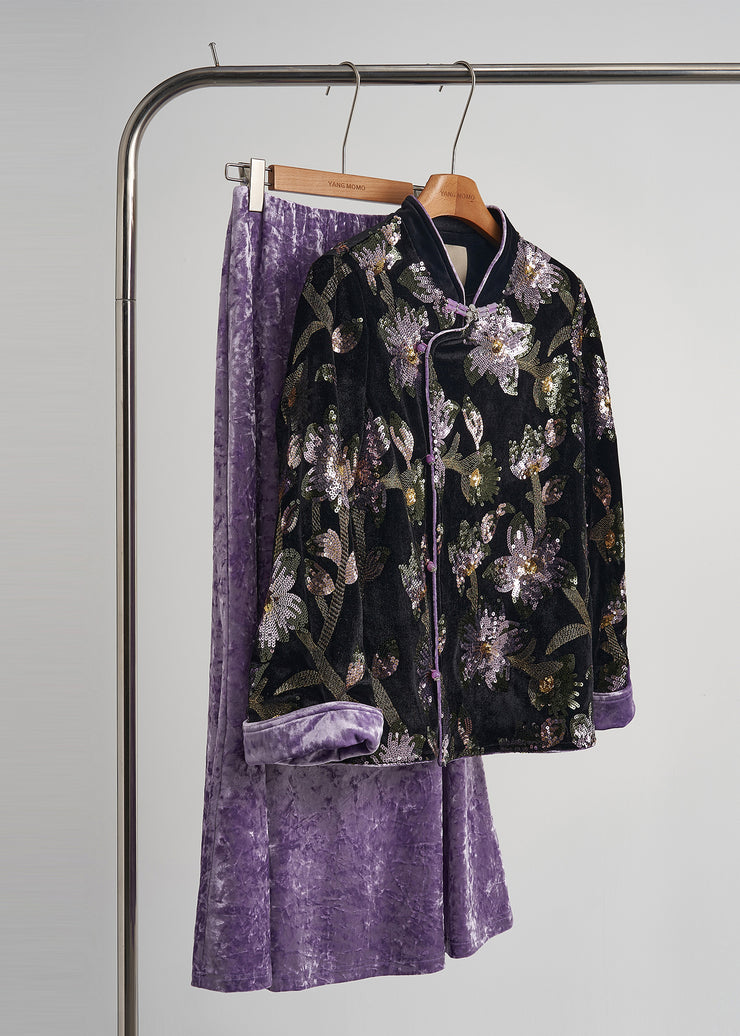 Chinese Style Black Sequins Embroidered Silk Velvet Coats Fall