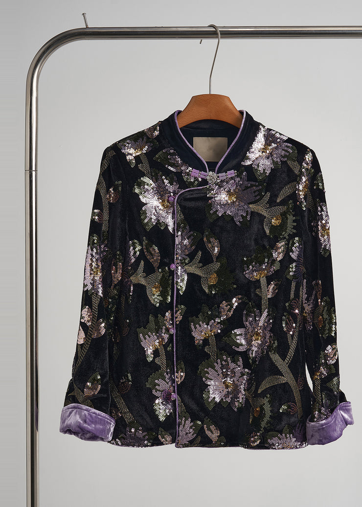Chinese Style Black Sequins Embroidered Silk Velvet Coats Fall