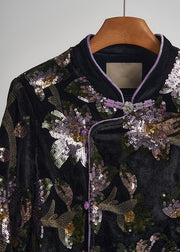 Chinese Style Black Sequins Embroidered Silk Velvet Coats Fall