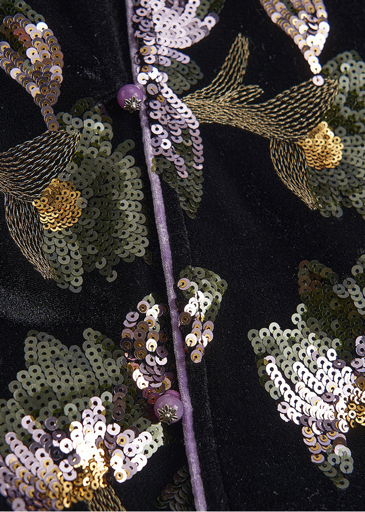 Chinese Style Black Sequins Embroidered Silk Velvet Coats Fall