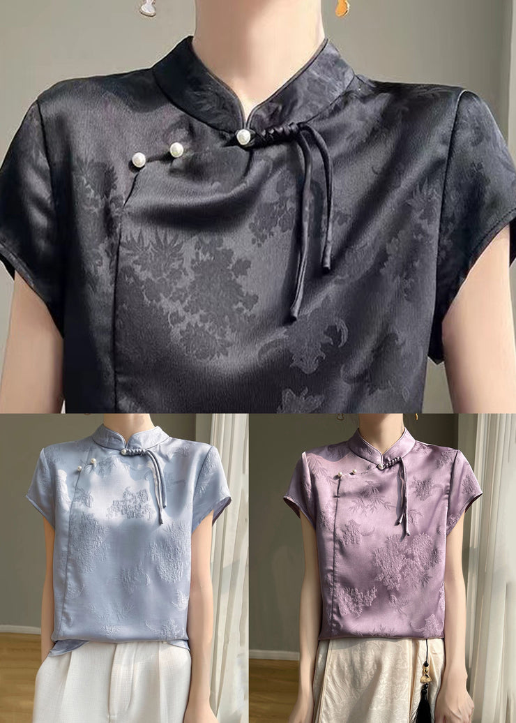 Chinese Style Black Solid Button Silk Top Short Sleeve
