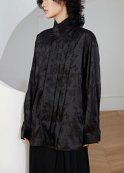 Chinese Style Black Stand Collar Button Silk Blouse Fall
