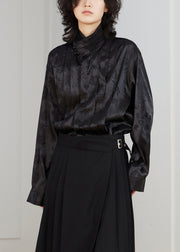 Chinese Style Black Stand Collar Button Silk Blouse Fall