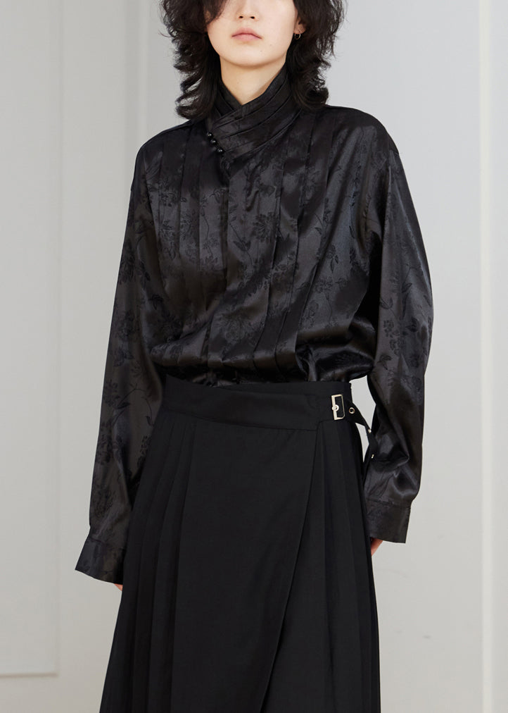 Chinese Style Black Stand Collar Button Silk Blouse Fall