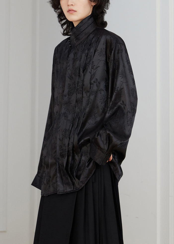 Chinese Style Black Stand Collar Button Silk Blouse Fall