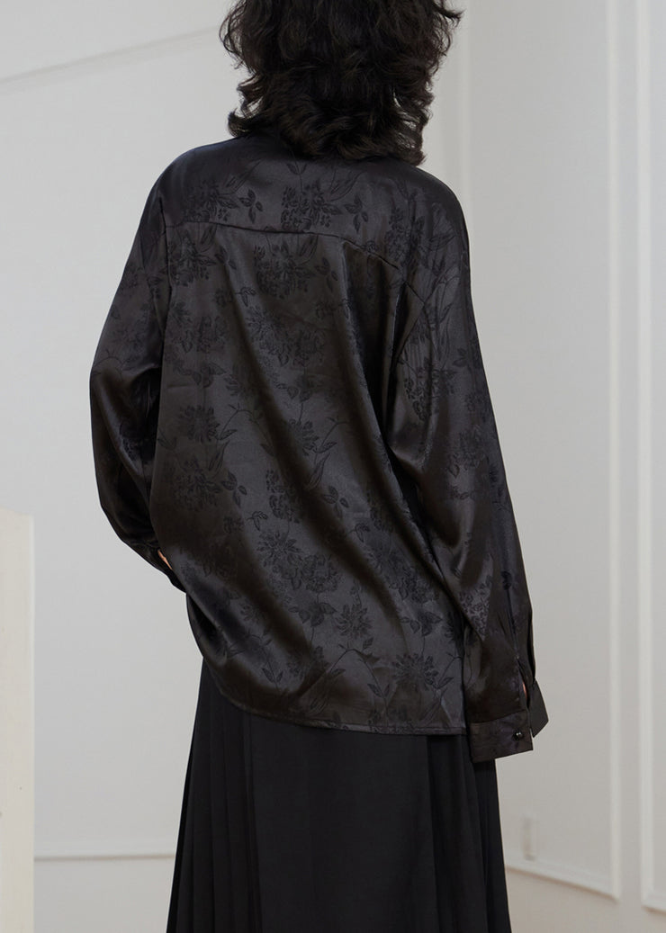 Chinese Style Black Stand Collar Button Silk Blouse Fall