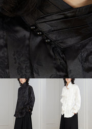 Chinese Style Black Stand Collar Button Silk Blouse Fall