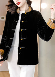Chinese Style Black Stand Collar Button Silk Velour Parka Coats Winter