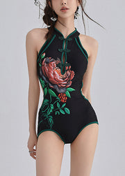 Chinese Style Black Stand Collar Print Butto Bodysui