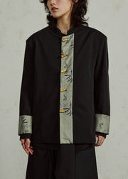 Chinese Style Black Stand Collar Print Button Coats Fall