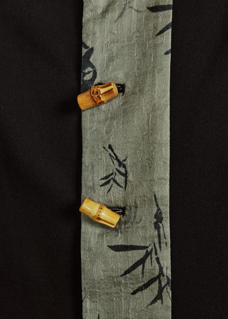 Chinese Style Black Stand Collar Print Button Coats Fall