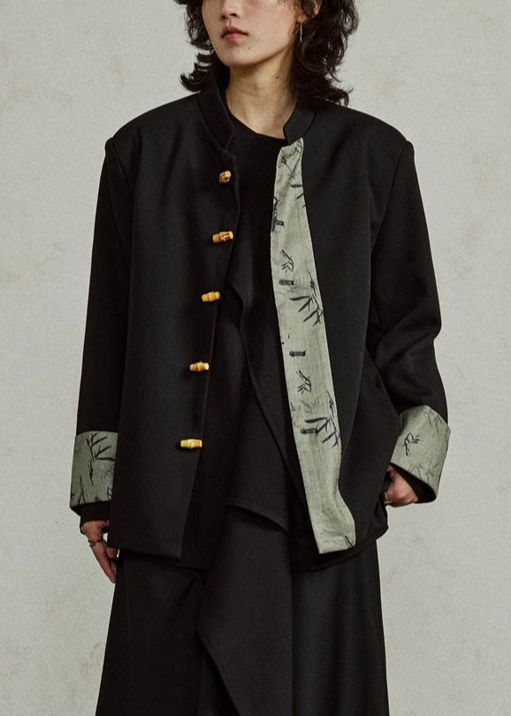 Chinese Style Black Stand Collar Print Button Coats Fall