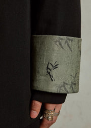 Chinese Style Black Stand Collar Print Button Coats Fall